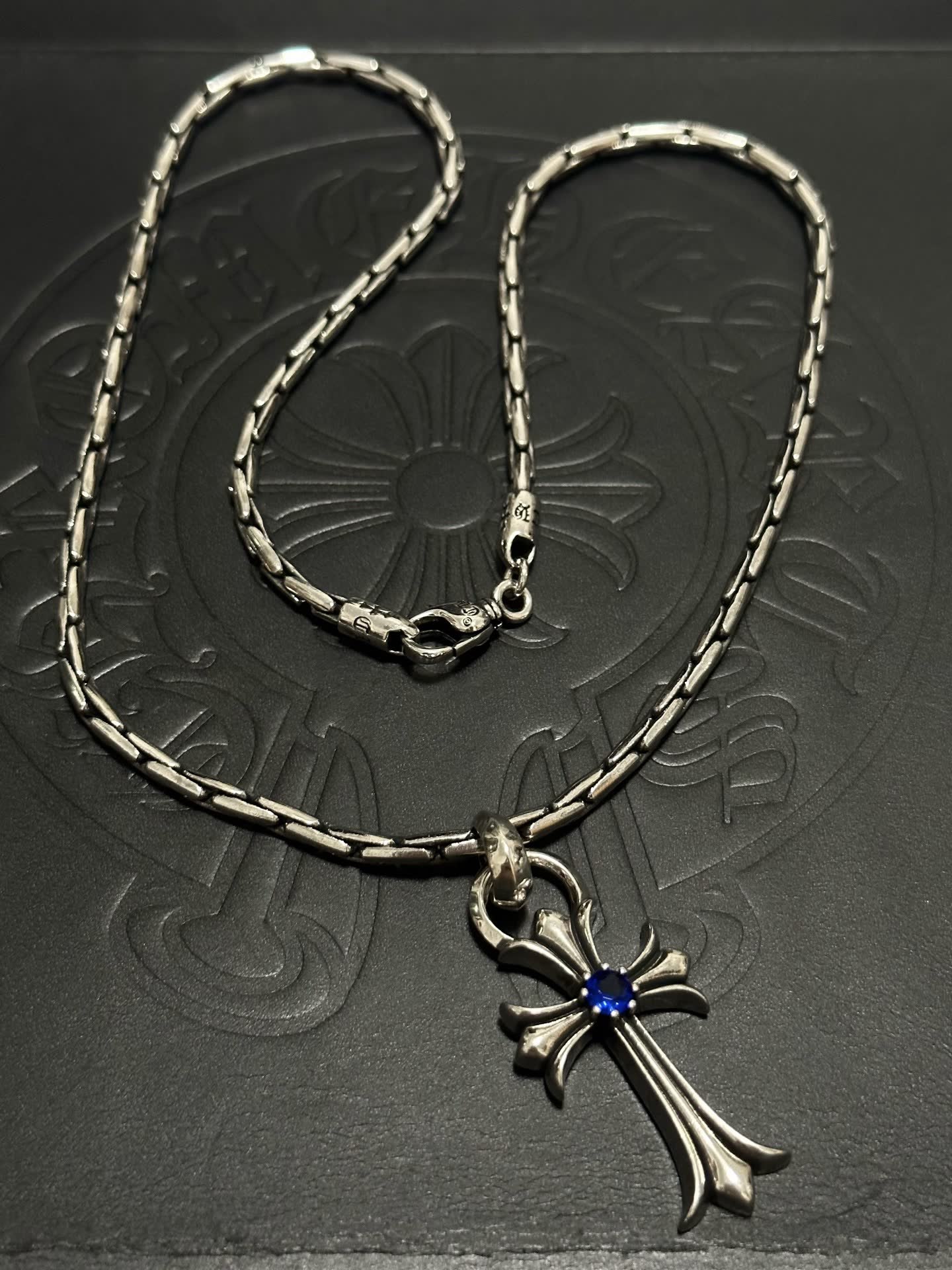 Chrome Hearts Silver Cross Pendant with Blue Gemstone